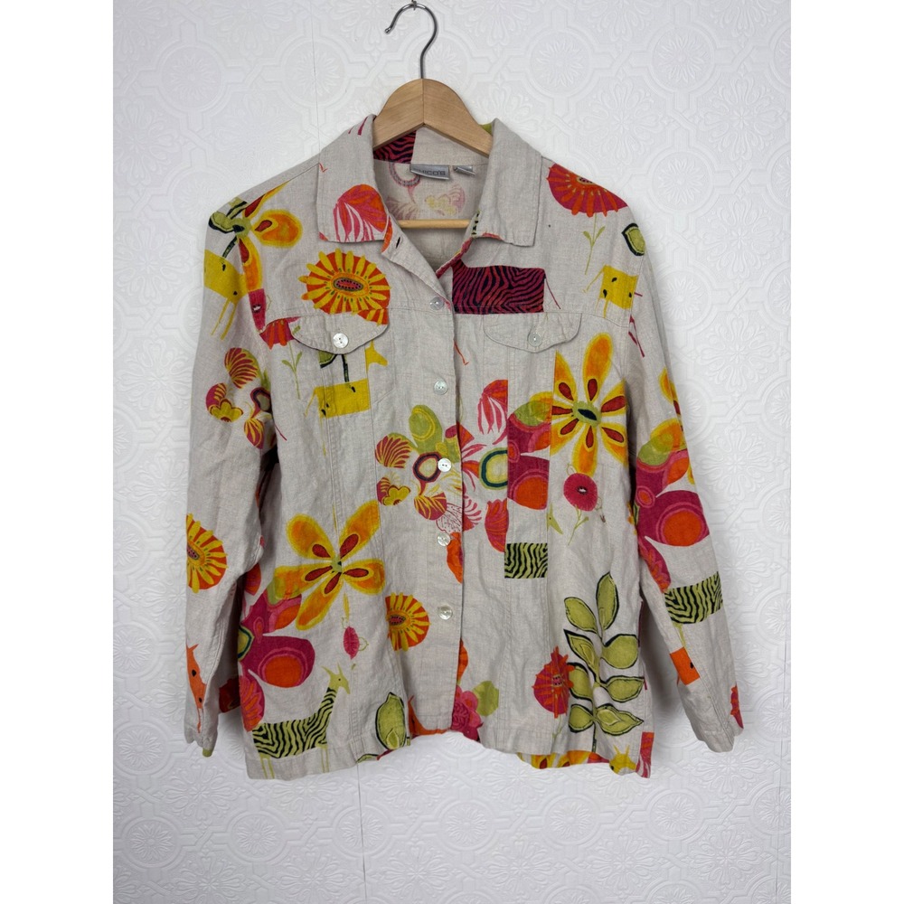 Chicos Linen Novelty Print Jacket Animal Floral Bold Button Down Beige Size 3